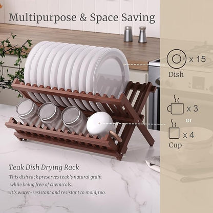 VERTORGAN Teak Dish Drying Rack,Folding Collapsible Drainer Plate Organizer Holder for Kitchen,Foldable Spice Rack for Countertop and Cabinet,Pantry Organization and Storage