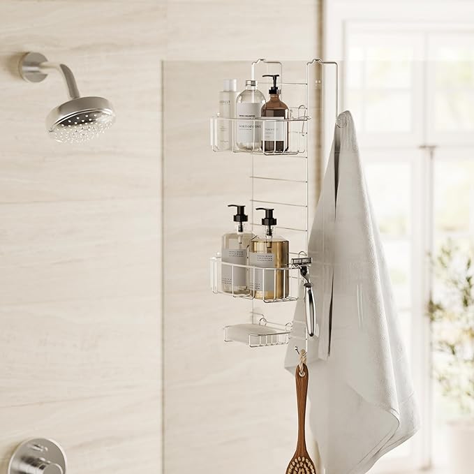 Zenna Home Shower Caddy Hanging Over the Shower Door Organizer, Stainless Steel Rack with 2 Shelves and Built in Hooks, Bathroom Organizer Shelf for Inside Shower, Chrome