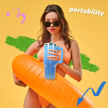 40 oz Shiny Tumbler with Handle and Straw,Stainless Steel Tumbler with Lid and Straw,Insulated Travel Mug(Cold for 34 Hours),Water Bottle for Iced Tea,Coffee (Blue)