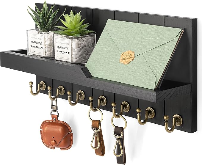 Rebee Vision Decorative Key and Mail Holder for Wall - Farmhouse 15 Inches Floating Shelf with 7 Sturdy Key Hooks for Home Entryway Wall Decor - Rustic Key Racks (Black,15-inch)
