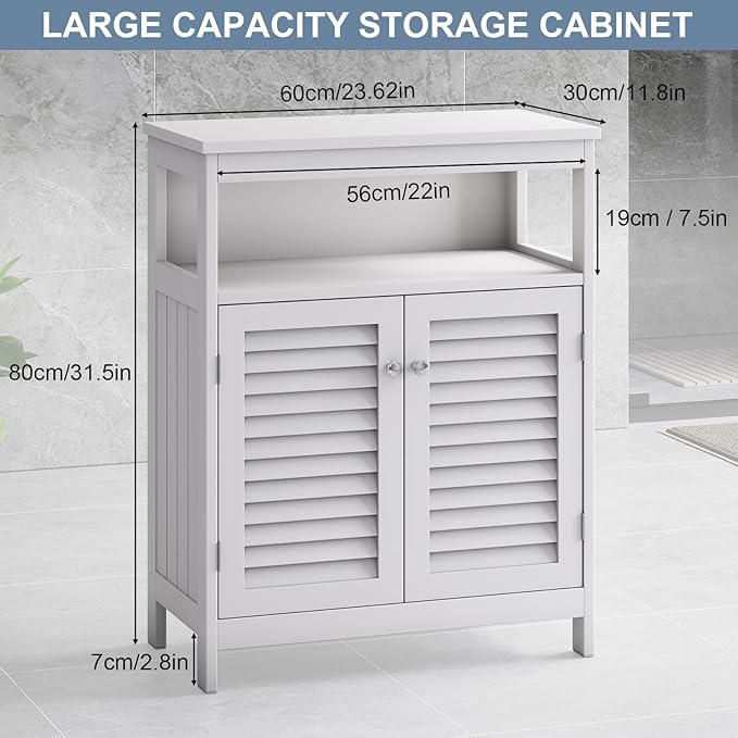 White Bathroom Storage Cabinet with Shutter Doors, 31.5 x 23.6 x 15.7 in Freestanding Floor Cabinet with Removable Shelf, for Bathroom, Living Room, Kitchen