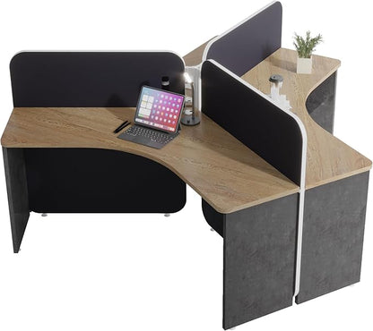 3 Person Office Cubicle Desk Workstation with Drawers & Built-in Power Outlets, Adjustable Wall Partitions, Layouts for Startups and Modern Workspaces,Black Fabric Panels