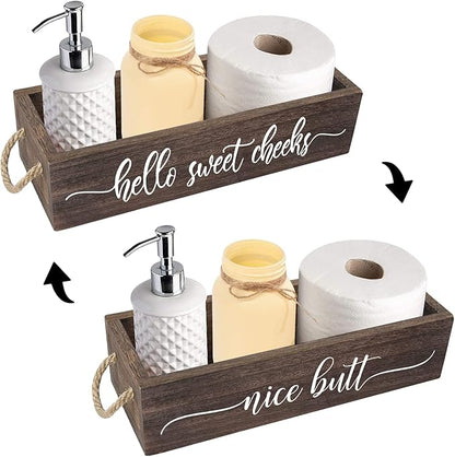 PZJIEAN 2 Sides Brown Funny Sayings Toilet Paper Bathroom Decor Box with Handle, Farmhouse Bathroom Decor Box for Toilet Paper