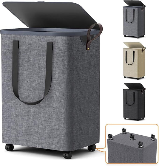 Laundry Basket with 5 Wheels, Tall Dirty Laundry Hamper, Rolling Laundry Basket with Lid, Collapsible Clothes Hamper for Bathroom Bedroom Dorm Laundry Room, Light Gray, 75L