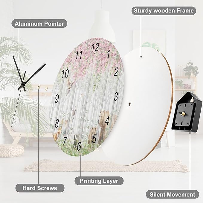 Forest Wall Clock Silent Non Ticking Battery Operated, Cartoon Nature Forest Flower Animal Bear, Deer, Fox, Rabbit Clock Decorative for Bathroom Kitchen Bedroom Living Room(12 Inch)
