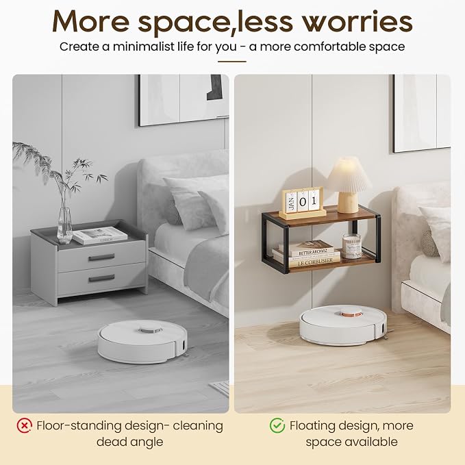 Floating Nightstand Set of 2, Wood Bedside Shelf Wall Mounted Nightstand with Heavy-Duty Frame, Floating Bedside Table for Bedroom, Bathroom, Kitchen, (Vintage Brown, 2 Pack)