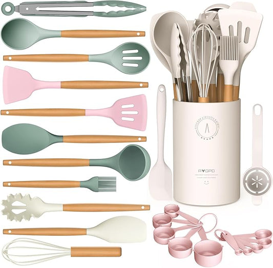 Silicone Cooking Utensils Set - AVGPD Silicone Kitchen Utensils for Cooking Wooden Handles, 446°F Heat Resistant Kitchen Utensil Spatula Sets, Gadgets for Non-Stick Cookware BPA FREE (Multicolour)