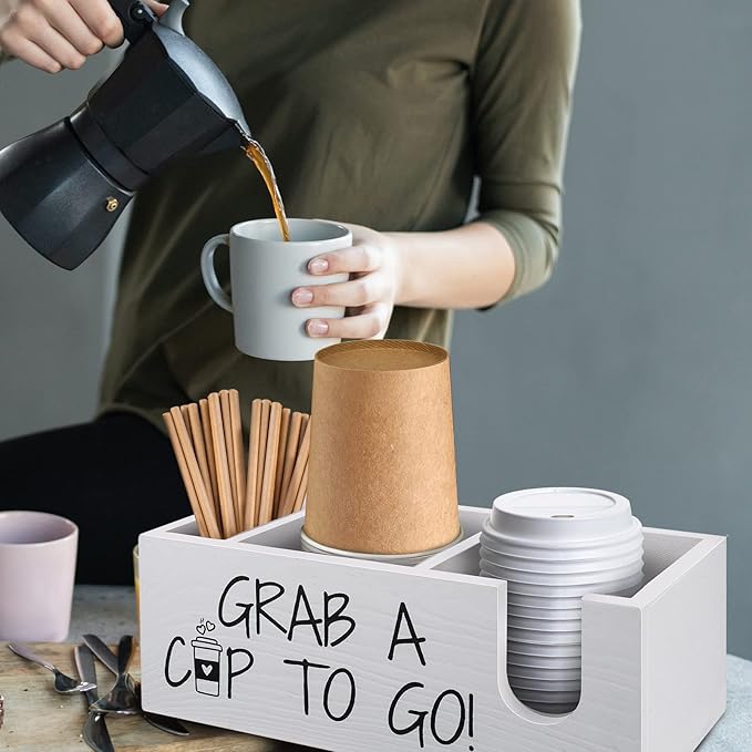 Coffee Station Organizer for Cup and lid Storage Box, Farmhouse Wood Coffee Bar Accessories Disposable Cup Holder for Counter Decor - White