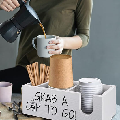 Coffee Station Organizer for Cup and lid Storage Box, Farmhouse Wood Coffee Bar Accessories Disposable Cup Holder for Counter Decor - White