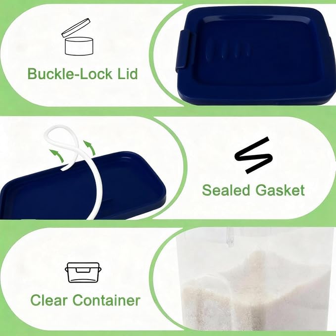 Tight-Lock Rice Container 10-15 Lbs - Airtight Flour Container with Scoop - Plastic Food Storage Container for Cereal, Sugar - Dry Food Dispenser for Kitchen, Pantry Organizers and Storage - Dark Blue