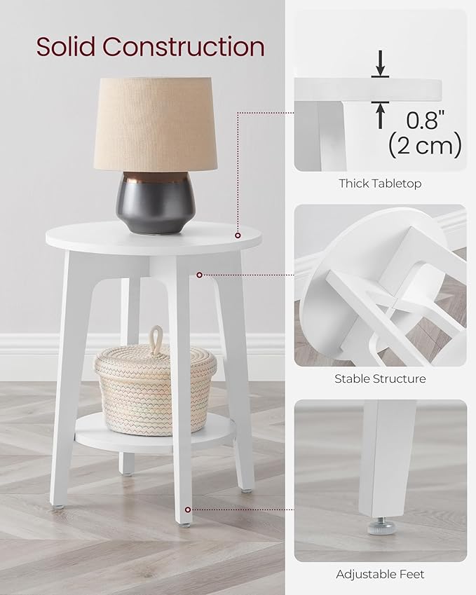 VASAGLE MAEZO Collection - Side Table, 2-Tier Small Round End Table, Nightstand with Tapered Legs, Curved Transitions, for Small Spaces, Living Room, Bedroom, Cloud White ULET283T14 | Lower Shelf, Small Spaces, Living Room, Bedroom