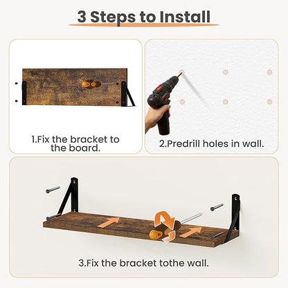 upsimples Floating Book Shelves for Wall, 23.6 Inches Floating Wood Shelves for Living Room, Laundry Room, Bedroom, Office Organizer and Storage, Brown