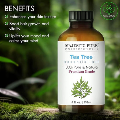 Majestic Pure Essential Oil with Glass Dropper - 100% Pure and Natural - Essential Oils for Diffuser, Aromatherapy, Soap and Candle Making, Tea Tree Essential Oil, Tea Tree Oil, 4 Fl Oz