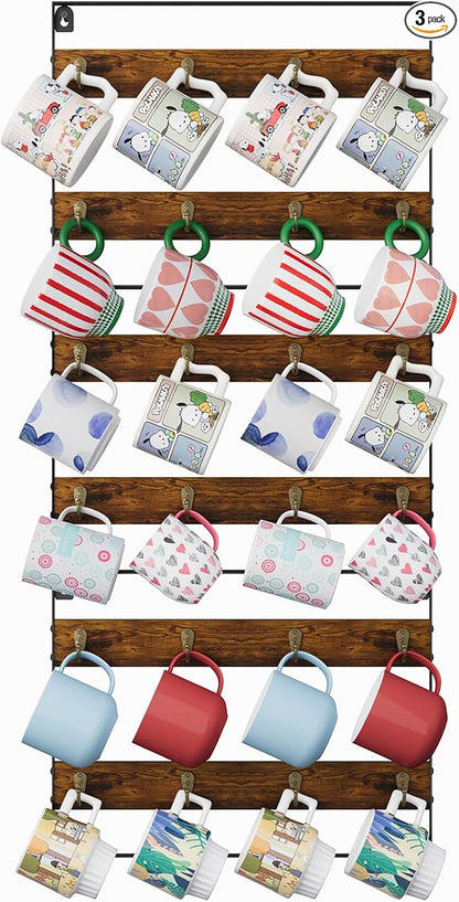 Huxitocan Wall Mount Coffee Mug Holder - Rustic Wood and Iron, Holds Up to 24 Mugs (3Pack) for Kitchen, Home, Coffee Bar