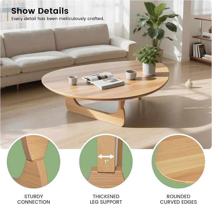 Modern Triangle Coffee Table: Unique Funky Soild Wood Coffee Tables for Living Room, Wooden Oval Mid-Century Modern Abstract Tea Tables for Patio Office Balcony Natural 43" L x 31" W x 16" H