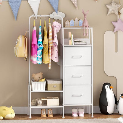 SWTYMIKI Dresser with Hanging Rack - 3 Fabric Drawers Kids Dresser for Bedroom - Reversible Tall Storage Tower, Small Space Clothes Storage Organizer Cabinet for Apartment, Dorm 49.21''H, White