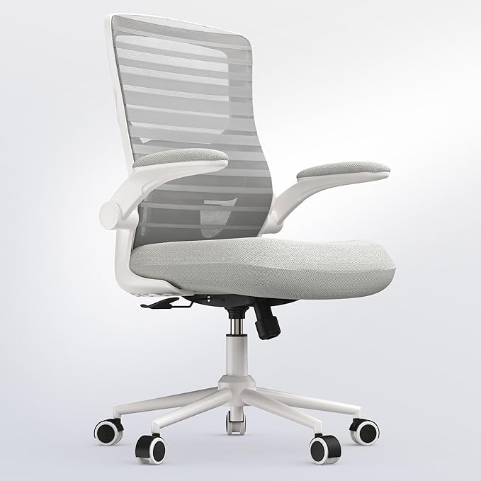 Office Chair for Long Hours & Lower Back Pain Relief – 4" Molded Foam Cushion, Padded Lumbar Support, and Padded Flip-up Armrests, Ideal for Office or Study, Light Gray