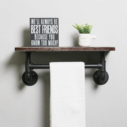 Industrial Pipe Shelf Bathroom Shelves Wall Mounted,19.6in Rustic Wood Shelf with Towel Bar,1 Tier Farmhouse Towel Rack Over Toilet,Pipe Shelving Floating Shelves Towel Holder,Retro Black