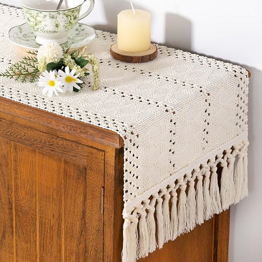 Socomi Boho Table Runner Valentine's Day Farmhouse Rustic Dining Kitchen Centerpiece Decor Small Macrame Woven Cotton Linen Coffee Table Runner for Dresser Scarf Home Decor 12x60 inch Cream Ivory