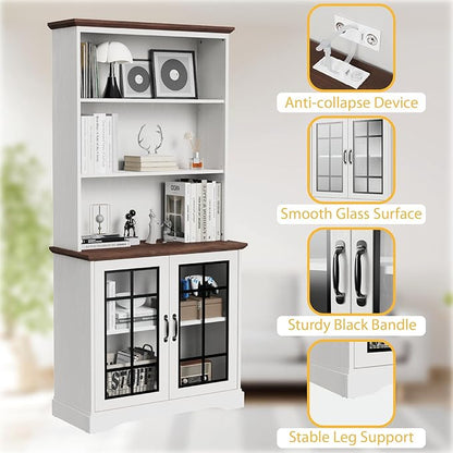 blini White Bookshelf with Glass Door, 5-Shelf Tall Bookcase, 15" Multi Depth Storage Cabinet with Adjustable Shelves, Large Bookcases for Home Office, Living Room & Bedroom