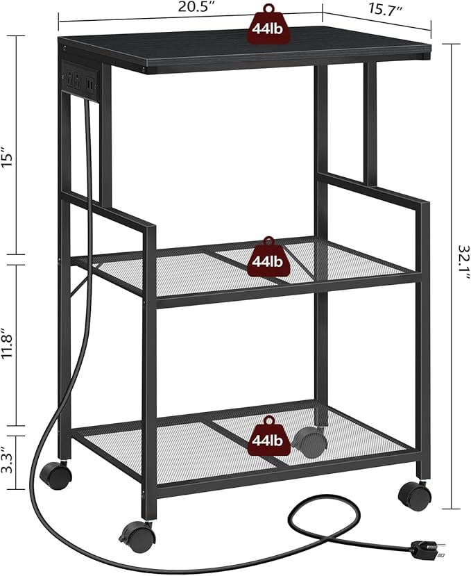 MAHANCRIS Mobile Printer Stand, 3-Tier Industrial Printer Cart with Power Outlets and 2 USB Ports, Rolling Printer Table on Wheels for Home Offices Kitchen Organization Rack, Black PTHB78E01