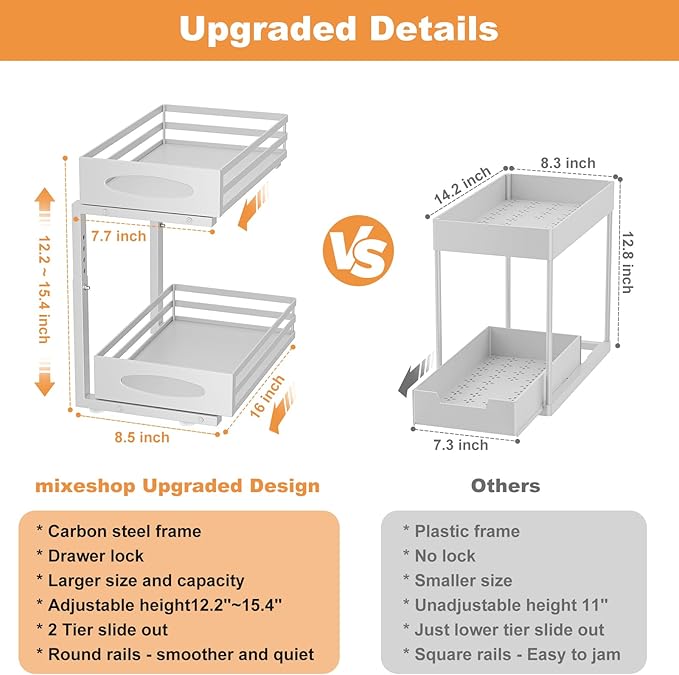 Under Sink Organizer, 2 Tier Under Sink Organizers and Storage, Adjustable Height, Slide out Metal Cabinet Organizers, Pull out Cabinet Storage Drawer Shelf for Kitchen Bathroom White 1Pack