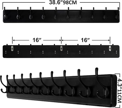 SKOLOO Large Black Wall Mounted Coat Rack - 38.6'' Long Coat Rack for Wall, Pine Solid Wood Coat Hook Hanger - 10 Hooks for Hanging Clothes Backpack Coats