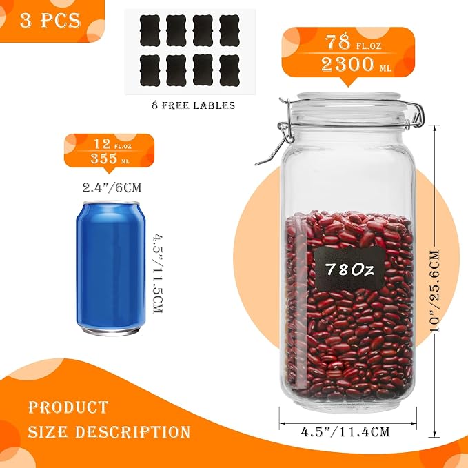 78oz Glass Food Storage Jars with Airtight Clamp Lids, 3 PCS Food Storage Canister for Kitchen & Pantry Organization, Square Mason Jar Containers for Storing Sugar, Flour, Cereal,Coffee,Cookies