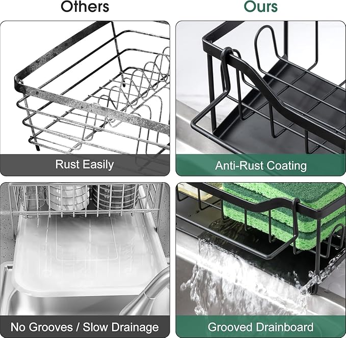 SWILLE Sponge Holder for Kitchen Sink - Sink Caddy Organizer with Auto Drain Tray, Detachable Towel Rack, Stainless Steel Kitchen Counter Organizer Rack, Black