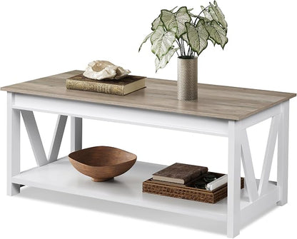 WLIVE Farmhouse Coffee Table, 43" Coffee Table for Living Room, Modern Center Table with Storage Shelf, V Shaped Support, Grey&White