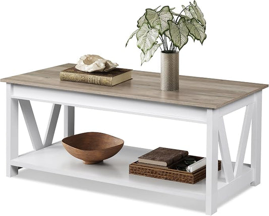 WLIVE Farmhouse Coffee Table, 43" Coffee Table for Living Room, Modern Center Table with Storage Shelf, V Shaped Support, Grey&White