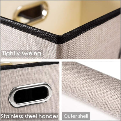 PRANDOM Foldable Storage Bin with Lid [3-Pack] Linen Fabric Decorative Storage Box Organizer Container Basket Cube with Handles Divider for Closet Office Living Room Light Grey(14.9x9.8x9.8)