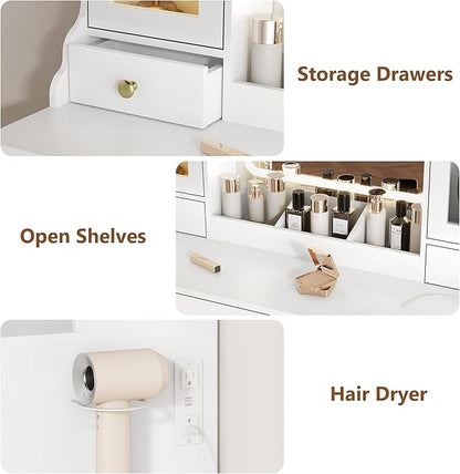 White Vanity Desk with Mirror and Lights, Makeup Vanity Table with Lighted Mirror, 5 Drawers & RGB Cabinet, Dressing Table Set with Charging Station for Girls Bedroom, 3 Lighting Modes