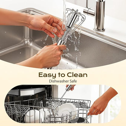 Upgraded Stainless Steel Semi-Automatic Whisk, Easy Push Hand Whisks for Eggs, Cream, Coffee & Light Mixing, Easy Clean Kitchen Whisk for Everyday Cooking (10+12in)