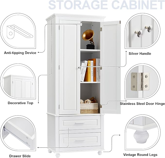 Storage Cabinet, Tall Bathroom Cabinet with Adjustable Shelf | Tall storage cabinet, upper enclosed cabinet and 2 pull-out compartments keep daily essentials organized