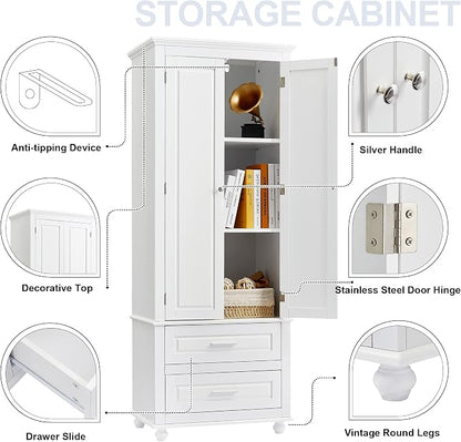Storage Cabinet, Tall Bathroom Cabinet with Adjustable Shelf | Tall storage cabinet, upper enclosed cabinet and 2 pull-out compartments keep daily essentials organized