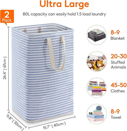 Lifewit 2 Pack Laundry Hamper Large Collapsible Laundry Baskets, Freestanding Waterproof Clothes Hamper with Easy Carry Handles in Laundry Room Bedroom Bathroom College Dorm, Grey&Blue, 2 x 80L