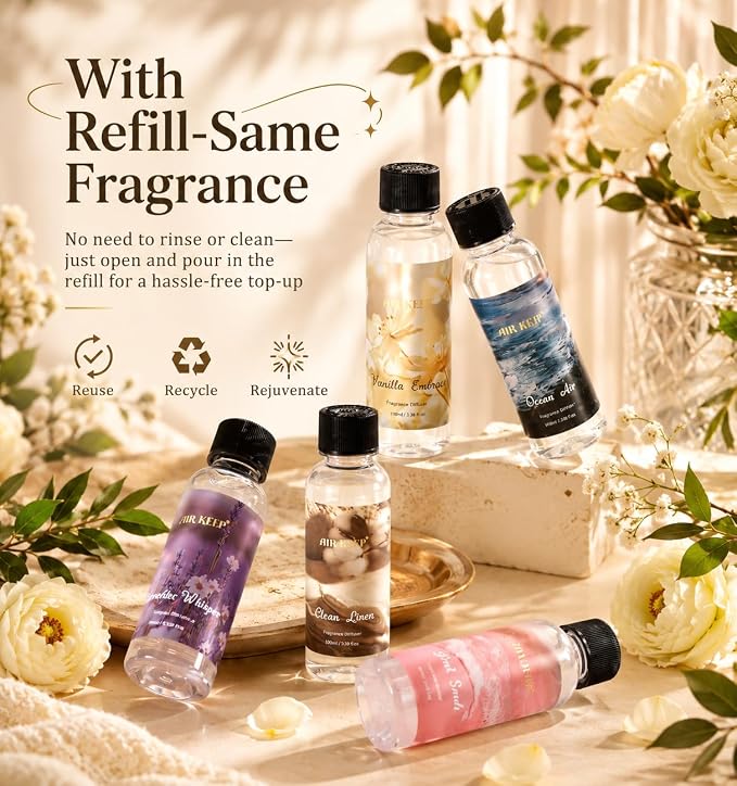 Airkeep Reed Diffuser Set with Refill & 8 Reed Sticks, 6.96 fl oz Clean Linen Home Fragrance, Long Lasting Aromatherapy Diffuser for Bedroom, Bathroom & Living Room