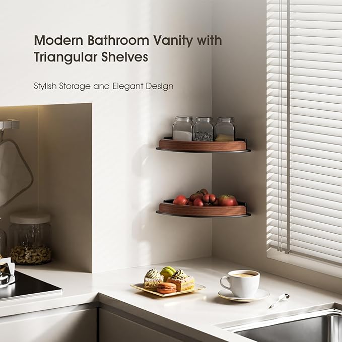 1 Pack Walnut Color Wall-Mounted Corner Caddy for Bathroom - No Drill Triangle Corner Storage Rack with Glue Accessories, Waterproof Vanity Organizer for Toiletries & Towels