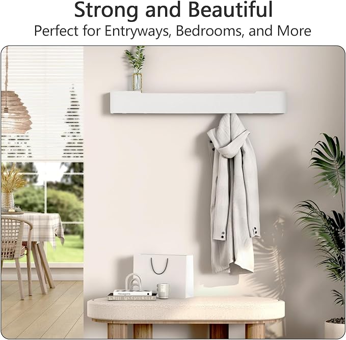 Coat Rack Wall Mount with Shelf 8 Hidden Hooks Modern Wooden Key Holder Entryway Organizer for Hallway Bedroom Bathroom Home Decor Storage for Hanging Coats Hats Bags Towels, White