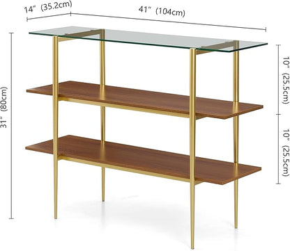 Glass Console Table for Living Room, Foyer & Entrance, H41 x W14 x H31inch, 3-Tier Mid-Century Modern Sofa Table with Clear Glass Top, Walnut Finish Wood Shelf and Gold Finish Frame