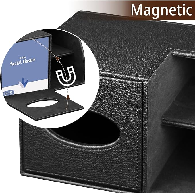PU Leather Square Tissue Box Cover - Multi-Functional Tissue Box Holder, Tissue Box Cover with Storage,Tissue and Remote Control Holder, Cube Tissue Box Organizer Bedroom Nightstand End Table