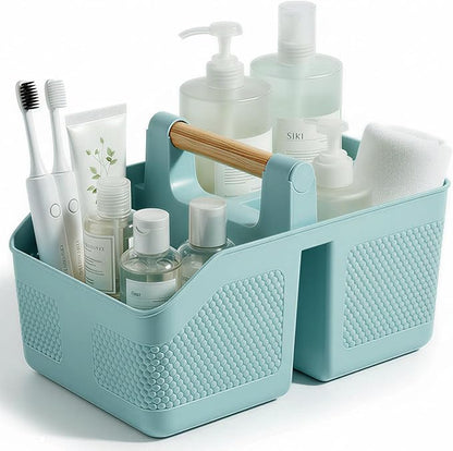 rejomiik Shower Caddy Portable with Bamboo Handle, Plastic Basket Cleaning Caddy Organizer Storage Tote for Bathroom, College, Dorm Room Essentials, Blue