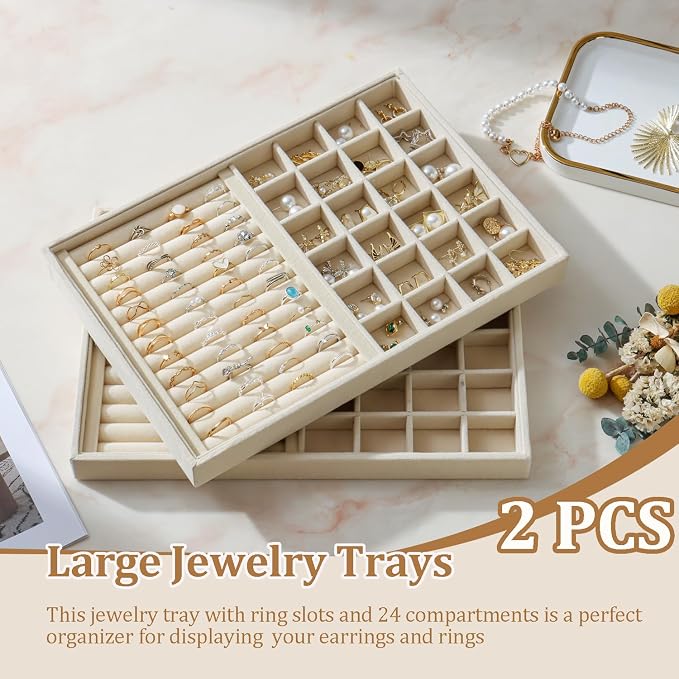 Large Velvet Jewelry Tray 2 Pack Stackable Jewelry Display Drawer Inserts Trays Organizer for Earring Bracelet Necklace Ring (Beige, Ring and 24 Grids)