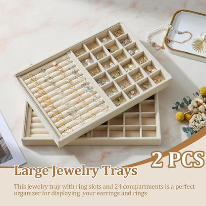 Large Velvet Jewelry Tray 2 Pack Stackable Jewelry Display Drawer Inserts Trays Organizer for Earring Bracelet Necklace Ring (Beige, Ring and 24 Grids)