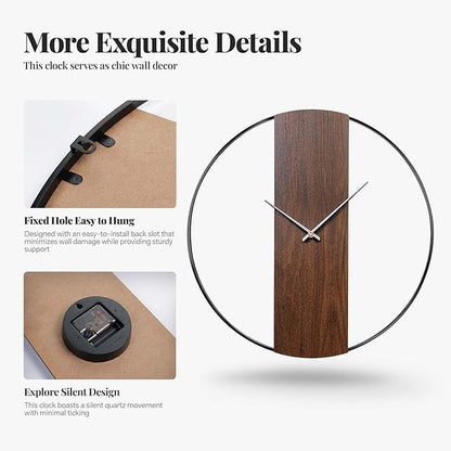 Large Wall Clock 24 Inch Decorative Modern Minimalist Wall Clocks for Living Room Decor, Silent Non Ticking Battery Operated Rustic Big Clock with Walnut Dial for Bedroom, Kitchen, Farmhouse, Office