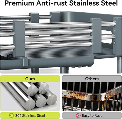 Urackify Stainless Steel Dish Drying Rack - Dish Drainer for Kitchen Counter, Extendable Drainboard with Foldable, Space-Saving Cup & Bowl Organizer, Includes Knife and Utensil Holder, Matte-Green