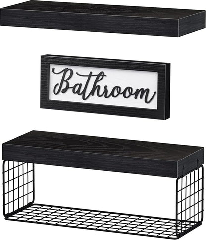 QEEIG ‎Bathroom Shelves Over Toilet - Paper Storage Wall Mounted Farmhouse Decor Decorations Aesthetic Décor Sign Small Floating Shelf 2+1 Set 16 inch, Black (020B)
