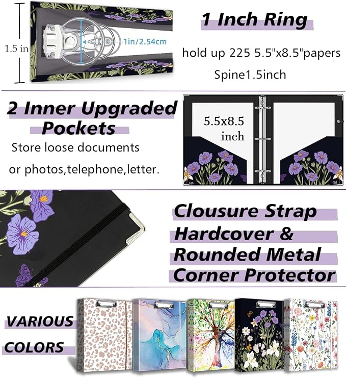 Mini Binder 3 Ring 1 Inch for 5.5"x8.5" Paper, Cute Small Three Ring Binders with Clipboard, 5-Tab Dividers, Spine ID Label Holder, BVSSX A5 Binder with Pen Holder, Black Weeds