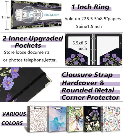 Mini Binder 3 Ring 1 Inch for 5.5"x8.5" Paper, Cute Small Three Ring Binders with Clipboard, 5-Tab Dividers, Spine ID Label Holder, BVSSX A5 Binder with Pen Holder, Black Weeds